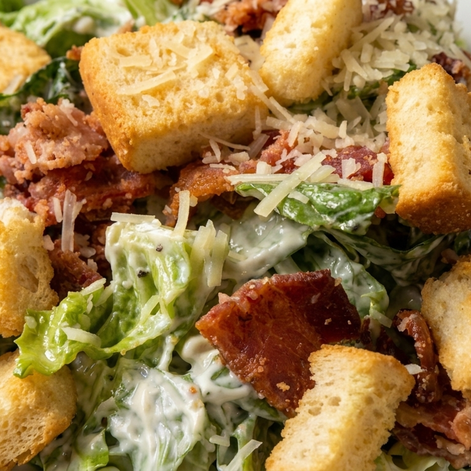 Caesar salad with crisp romaine, creamy dressing, bacon, grated Parmesan, and golden croutons in a white bowl.