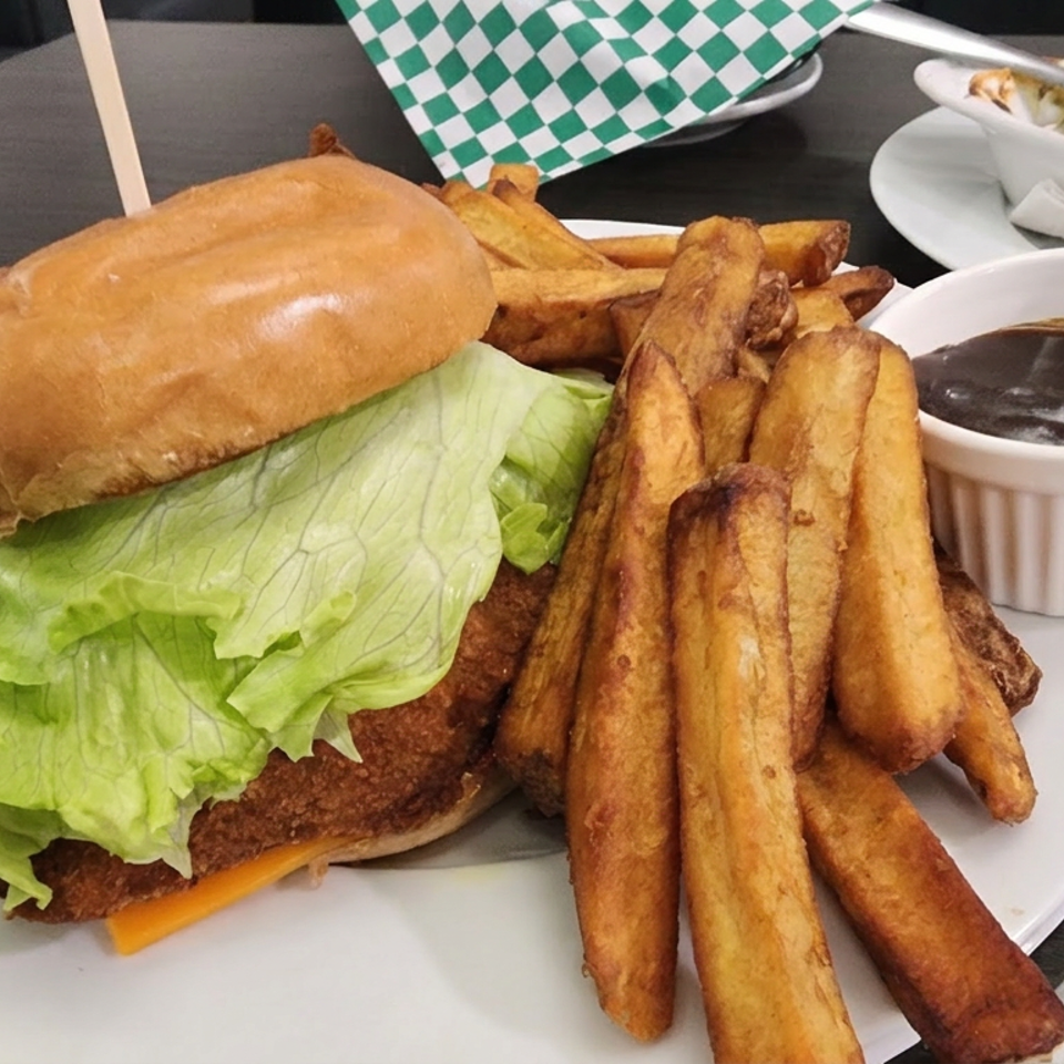 Crispy fried chicken sandwich with lettuce and cheese, served alongside thick-cut fries and dipping sauce.